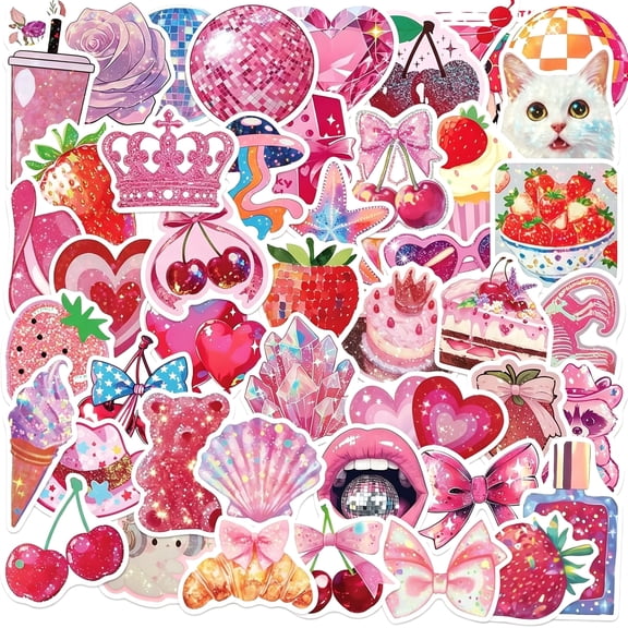 CCOCC 50Pcs Pink Glitter Stickers, Holographic Stickers for Girls | Aesthetic Sparkly Stickers for Water Bottles, Laptop, Scrapbook Vibrant Holographic Stickers