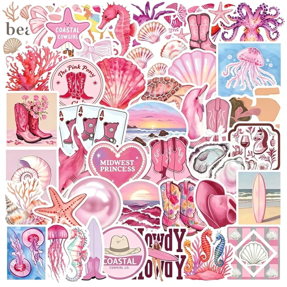 CCOCC 50Pcs Pink Ocean Stickers for Kids,Beach Aesthetic Waterproof Vinyl Decal for Girl Teen Adult Student Water Bottle Laptop Phone Computer Skateboard Luggage Notebook(Colourful-D3)