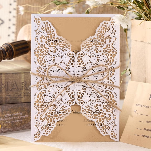 CCOCC 50Pcs Rustic Wedding Invitations Blank Cards Custom Different Party Invites White Laser Cut Invitations Pocket,Kraft Invite Cards Rsvp Envelope,For Wedding Engagement Anniversary,No Print
