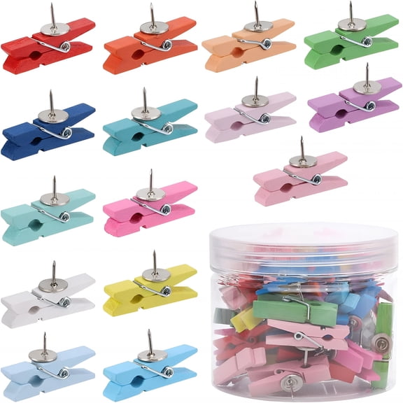 CCOCC 50Pcs Wooden Clips Push Pins Tacks for Cork Board Artwork for Crafts Arts Projects Photo Supplies (Colorful)