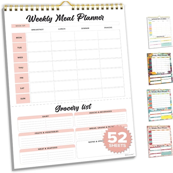 CCOCC 52 Sheets Minimal Pink Undated Weekly Meal Planner and Grocery List with 4 Strong Magnets - 8.5X11In Spring-Bound,Refrigerator Mountable,Easy Tear-Off Design