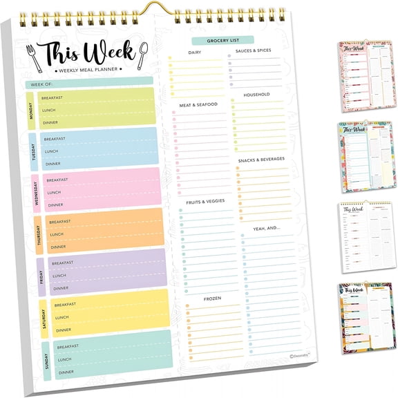 CCOCC 52 Sheets Pastel Undated Magnetic Weekly Meal Planner and Grocery List Notepad with 4 Strong Magnets - 8.5X11In Spring-Bound,Refrigerator Mountable,Easy Tear-Off Design