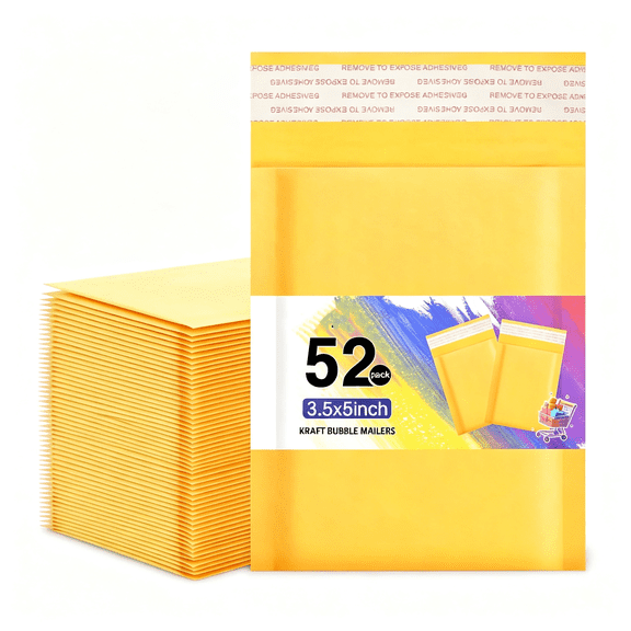 CCOCC 52Pack Yellow 3.5X5Inch Kraft Bubble Mailers Small Business Mailing Packages Self-Sealing Paper Envelopes,Mailer Shipping Padded Envelopes with Strong Adhesion for Jewelry Makeup Supplies