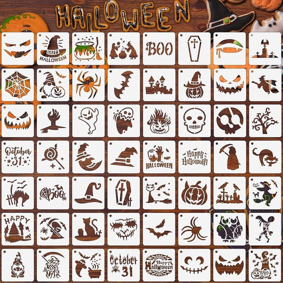 CCOCC 56 Pack Small Halloween Pumpkin Stencils for Painting Crafts | Plastic,Reusable,Wood Ornaments,Fabrics,Door Mats,Window Decoration,Diy Crafts,3"
