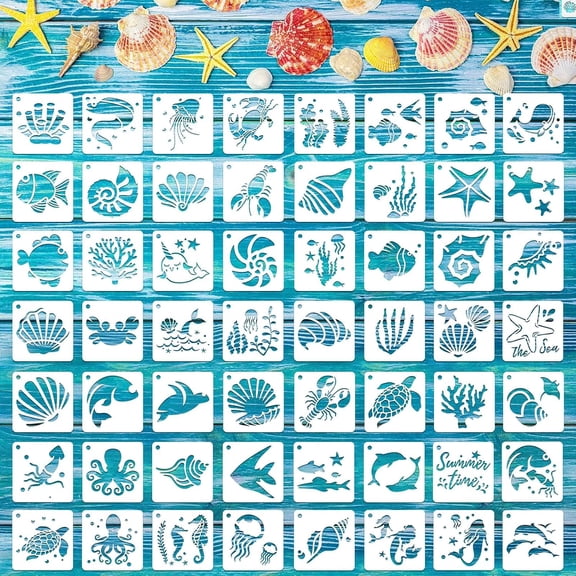 CCOCC 56 Pieces Small Sea Ocean Beach Stencils for Painting Crafts|Plastic,Kids Wall Floor Home Decor,Drawing Rock Painting Scrapbooking,Reusable Marine Animal Pattern Shapes,3 Inch