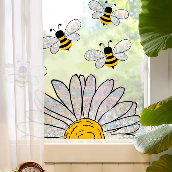 CCOCC 5Pcs Sunflower Bee Window Stickers, Double Sided Rainbow Prism Glass Decals, Reusable Spring Summer Window Clings For Home Office Shop Display