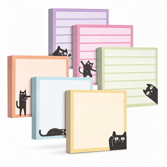CCOCC 6 Pads Cat Themed Sticky Notes, 3X3 Cute Fun Black Cat Stationery Gifts for Women & Cat Lovers, Colorful Lined Self-Stick Memo Pads for Office & Home