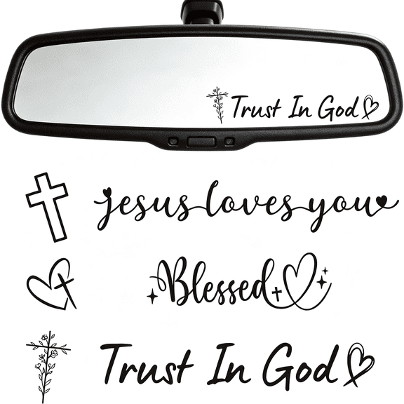 CCOCC 6 Pcs Trust in God Rearview Mirror Stickers ,Christian Car Decals for Faith Inspiration ,Jesus Loves You Cross Vinyl Mirror Sticker for Cars Auto Window Laptop Decorations (Black)