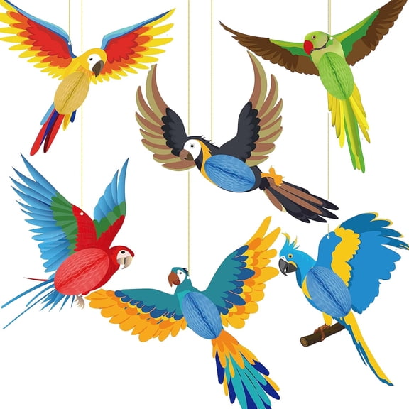 CCOCC 6 Pieces Tropical Birds Honeycomb Paper Cutouts Hanging Parrot Hawaiian Luau Tropical Party Decorations for Summer Beach Jungle Safari Rainforest Theme Birthday Party Home Classroom