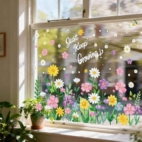 CCOCC 6 Sheet Spring Wildflower Window Clings Window Decal Watercolor Floral Blossom Reusable Anti-Collision Windows Decor for Office School Home Party Supplies