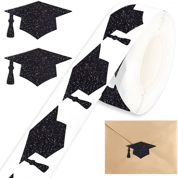 CCOCC 600Pcs Graduation Cap Stickers Black Holographic Graduation Hat Sealing Labels Congrats Grad Self-Adhesive Decals for College High School Graduate Party Supplies, 1.5 x 0.8 Inch
