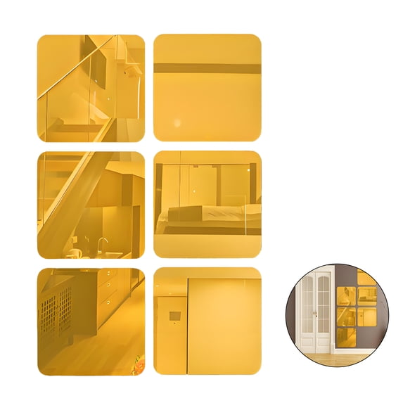 CCOCC 6Pcs Mirror Stickers,Water Resistant Protection Gym Mirror,Smooth Wall Integration Mirror for Door,Gold,11.81in
