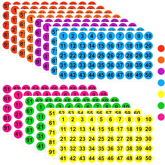 CCOCC 700 Pcs Consecutive Number Stickers 1-100 Round Colored Labels 1 Inch Self Adhesive Vinyl Number Decals for Office, Inventory, Storage, Bins(Multicolor)