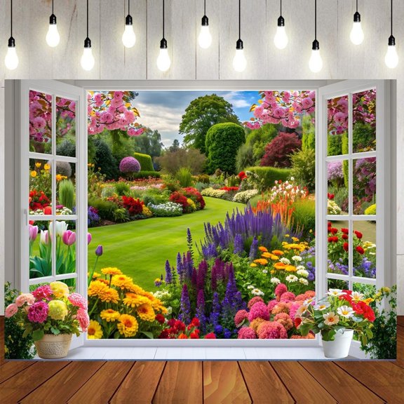 CCOCC 7X5Ft Spring Summer Garden Window Backdrop Floral Nature Landscape Photo Background with Blooming Flowers for Portrait Photoshoot, Wedding, Baby Shower, Birthday, Studio Decor 359