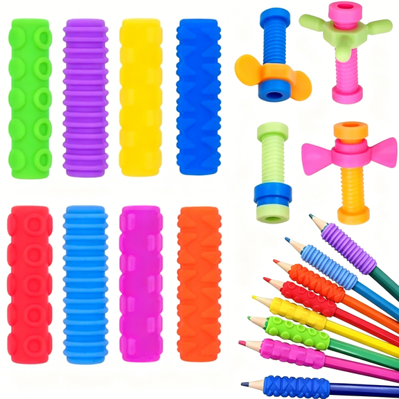 CCOCC 8 Pencil Grips & 4 Fidget Toppers, Textured Silicone, Quiet Classroom Set