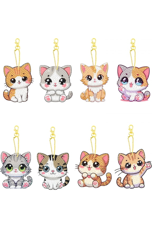 8 Pieces Keychain Animal Diamond Art Jewelry Double-Sided 5D Kit for Beginners Adult Diy Art Craft Gift Home Decor (Cat)