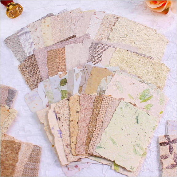 CCOCC 84 Sheets Small Textured Scrapbook Paper and 3D Embossed Collage Paper, Handmade Leaf Fiber Deckled Edge Paper for Junk Journal Supplies, Mixed Media, Card Making, Diy Craft Art