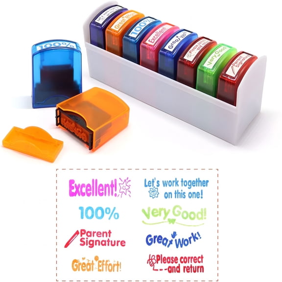 CCOCC 8Pcs Teacher Stamp Set,Colorful Self-Inking Motivational Classroom Stamper for Grading,Encouraging Rating Stamp Student,Parent Signature Stamps for Homework,School Homeschool