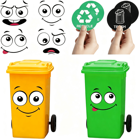 CCOCC 8Sheet Bin Stickers Adhesive Cartoon Expressions Dustbin Sticker Decorative Wall Stickers Eyes and Mouth Diy Large Decal for Fridge Bins Wall,Indoor Outdoor(4Pc Expressions+4Pc Logo)