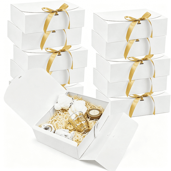 CCOCC 9 Pcs White Gift Boxes with Lids, 10.6X7.8X3.1 Inch Kraft Paper Gift Box with Golden Ribbon, Proposal Box for Wedding, Packaging, Birthday Gift Boxes Bulk