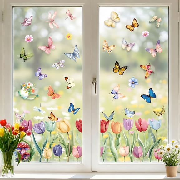 CCOCC 9 Sheets Spring Window Clings Decor,Flower Butterfly Window Stickers,Tulip Floral Decals for Summer,Easter,Spring Decorations for Home,Office,Classroom