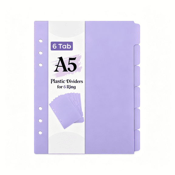 CCOCC A5 Binder Dividers 6 Ring,6 Pack Pastel Purple Plastic Tab Dividers,Tear-Resistant Separators with Insertable Labels for Aesthetic Planner&Journal Organization
