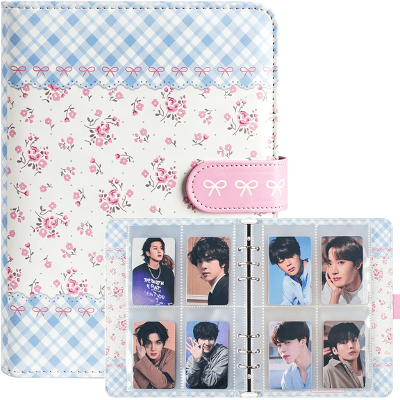 CCOCC A5 Kpop Photocard Binder,6 Ring Binder Album with 200 Card Slots,Leather Binder Cover with Magnetic Buckle Closure for Organizing Trading Cards(Blue White)