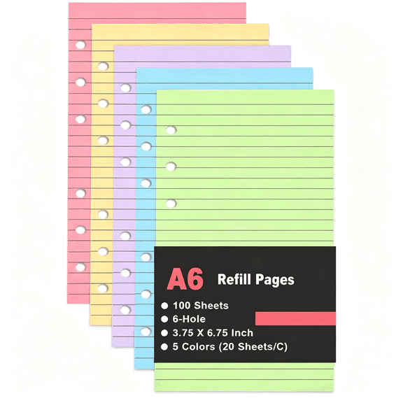 CCOCC A6 Lined Paper Refill 6 Ring,A6 Filler 5 Colorful Line Paper Personal Binder Planner,100Gsm Ruled Pages,100 Sheets/200 Pages,Per Color 20 Sheets,3.75X6.75 in