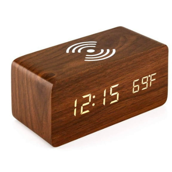 CCOCC Alarm Clock,Smart Digital Clock with Wireless Charging and Time & Temperature Screen,Ergonomic Eco-Wood Bedside Clock for Comfort