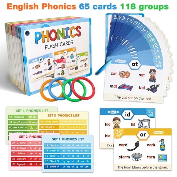 CCOCC Alphabet Learning Cards,Phonics Flash Cards Set 65 Cards Learn to Read Blends Long Vowels Digraphs Sounds for Minors 4-8 School