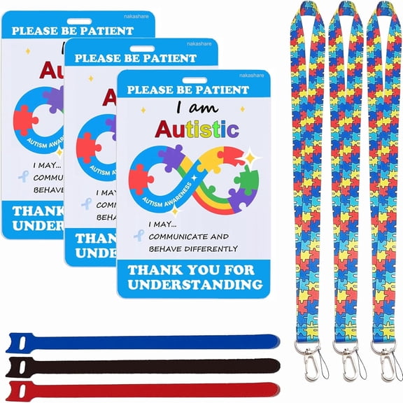CCOCC Autism Awareness Safety Tag Card with Autism Lanyard&Loop Fastener Strip|For Travel Communication,Pack of 3 Sets Autism Tags,Can Be Written,Waterproof,Autism Backpack Tag,Autism Card