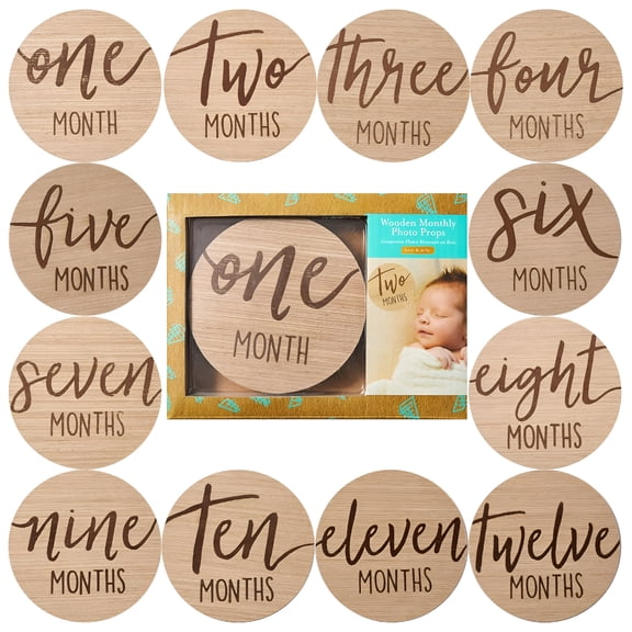 CCOCC Baby Monthly Milestone Marker Discs-Classic Cursive Script Wooden Discs with Reversible Photo Props for Baby Announcement and Milestones,Gender-Neutral Gift for Newborn Boy and Girl