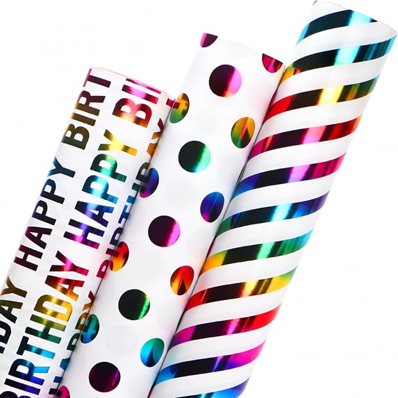 CCOCC Birthday Wrapping Paper Iridescent Gift Wrapping Paper Mini Roll,3 Rolls Happy Birthday Polka Dots Stripes Printed Assortment-17 Inch X 120 Inch(10Feet) Per Roll