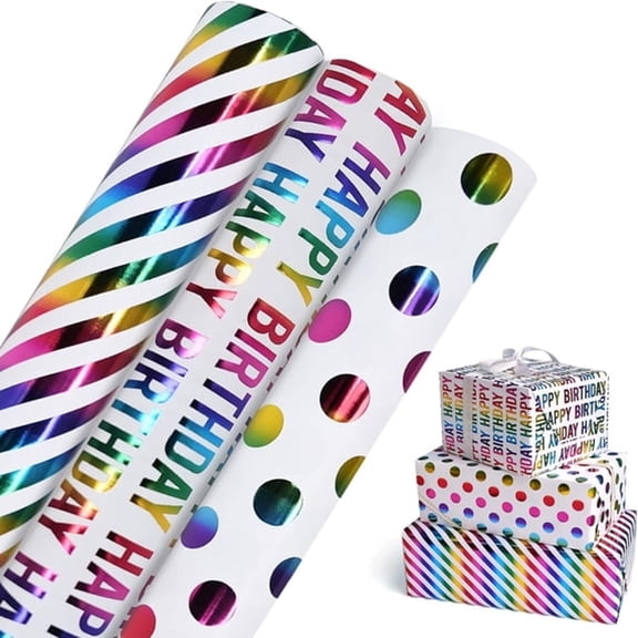 CCOCC Birthday Wrapping Paper Iridescent Gift Wrapping Paper Mini Roll,3 Rolls Happy Birthday Polka Dots Stripes Printed Assortment-17 Inch X 120 Inch Per Roll
