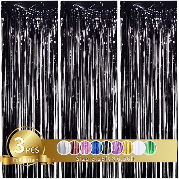CCOCC Black Metallic Tinsel Foil Fringe Curtains,3Pcs,3.28ft x 6.56ft,Party Streamers