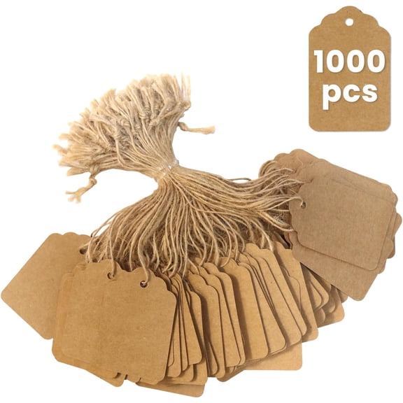 CCOCC Brown Price Tags with String 1000 Pcs,1.375 X 2.125"Es,Kraft Paper Hang Tags for Gift Bags,Hanging,Clothing,Jewelry,Garage/Yard Sale,Inventory,250 Gsm