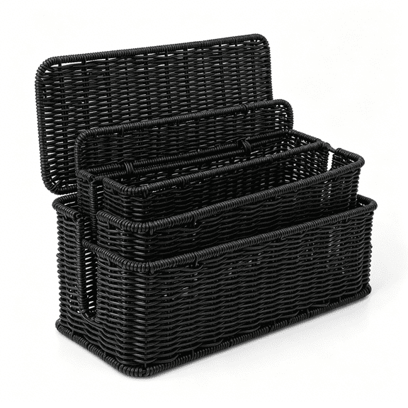 CCOCC Cable Management Box,Handmade Rattan Cable Organizer with 2 Open Slots,Cord Hider for Power Strip,Router&Usb Hub,13" X 5.1" X 5.1",Black