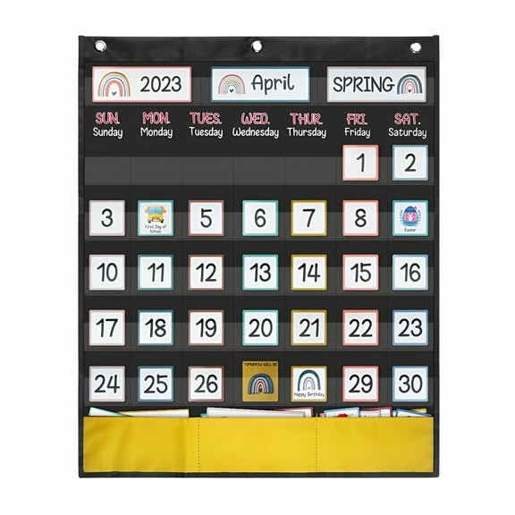 CCOCC Calendar Pocket Chart for Kids with 89 Colorful Cards - 20x23.6 Inch Wall Hanging Learning Calendar with 44 Clear Pockets for Days, Months, Seasons, Holidays, Classroom and Homeschool Use