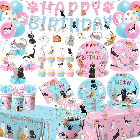 CCOCC Cat Birthday Decorations Pink Blue Cat Birthday Party Tableware Disposable Paper Plates,Napkins,Tablecloth,Cups,Balloon,Cake Topper,Banner for Cat Themed Birthday Decor Supplies,Serve 24