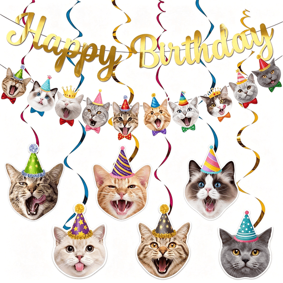 CCOCC Cat Theme Birthday Party Decorations Set-Happy Birthday Banner with Funny Cats Cutouts,Hanging Swirls&Kitten Garland for Cat Lovers Happy Birthday Banner 4Th of July Decor