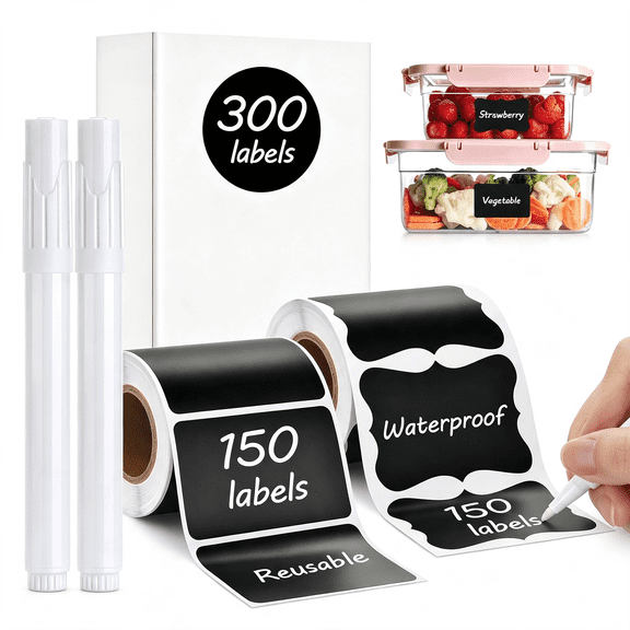 CCOCC Chalkboard Labels - 300Pcs Waterproof Reusable Blackboard Stickers with 2 Free Erasable White Chalk Marker,Mini Decorative Chalk Labels for Jars Containers Kitchen Home Pantry Office