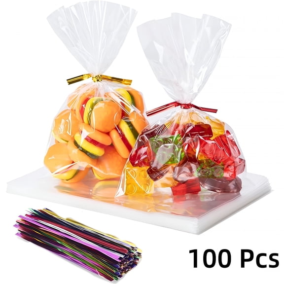 CCOCC Clear Cello Cellophane Plastic Treat Goodie Bags with Twist Ties for Small Gift Party Favors, Cookie, Candy, Popcorn, 4x6inch, 100 pack