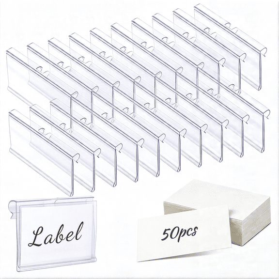 CCOCC Clear Plastic Label Holders for Wire Shelf Retail Price Label,Basket Bin Labels Clip On,Labels for Storage Bins,Merchandise Sign Display Holder for Supermarket,Label Papers Included
