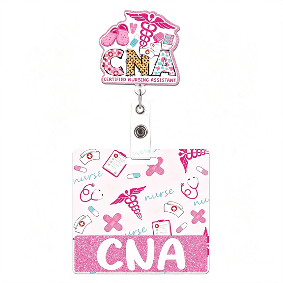 CCOCC Cna Badge Reel with Badge Buddy,Pink Glitter | Retractable Badge Reel with Swivel Clip,Id Card Holder,Gifts for Cna,Horizontal Design Cna Accessories for Work