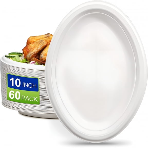 CCOCC Compostable Oval White Paper Plates (60 Pack) - 10 Inch Heavy-Duty Sugarcane Plates