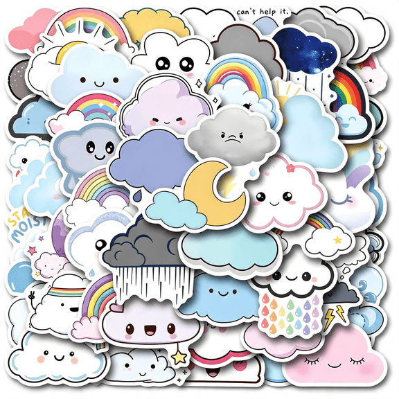 CCOCC Cute Cloud Stickers 55Pcs Cloudy Weather for Scrapbooking Water Bottles Journaling,Rainbow Sticker for Kids Teens Adults Waterproof Vinyl Decals Kawaii Cartoon Stickers Party