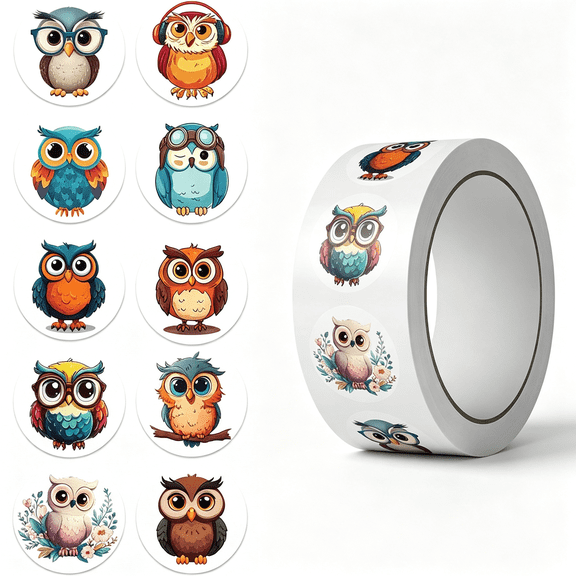 CCOCC Cute Owl Stickers Roll,500 Pcs with 10 Different Patterns,Kawaii Animal Decals,Waterproof Vinyl Sticker Pack for Party Favors,Classroom Rewards,And Goodie Bags (Owl) (Owl)