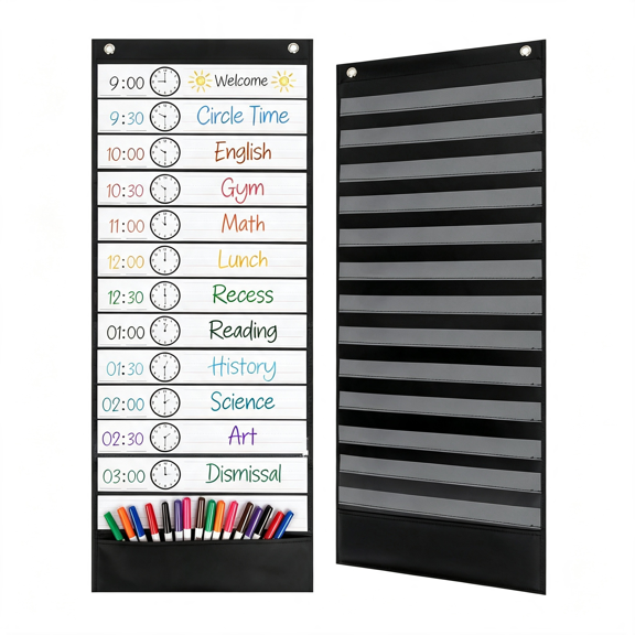 CCOCC Daily Schedule Pocket Chart,Black,13 Pockets|Ultra-Durable Visual Schedule for Classrooms Or Home,Easy to Use,Reusable,Sentence Strips,Versatile Pocket Chart