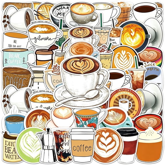 CCOCC Dessert Coffee Stickers - 50 Pcs Waterproof Vinyl Afternoon Tea Coffee Bean for Water Bottle,Laptop,Phone Case,Cup,Guitar - Coffee Shop Stickers for Teens & Adults(Colours-G7)