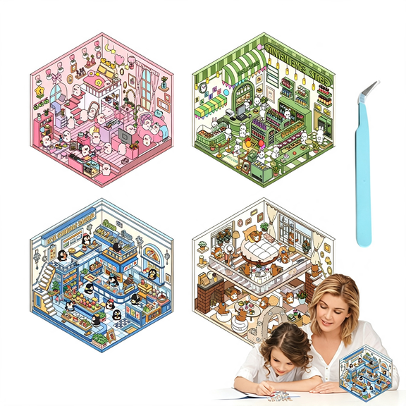 CCOCC Diy 3D House Stickers,4 Set Fun Diy Stickers Scene Make Your Own Warm Home,Supermarket,Coffee Shop,Music Bar,Cute 3D Cartoon Scene Stickers for Adult Kids Relief Stress Pass the Time (Sy2.0)